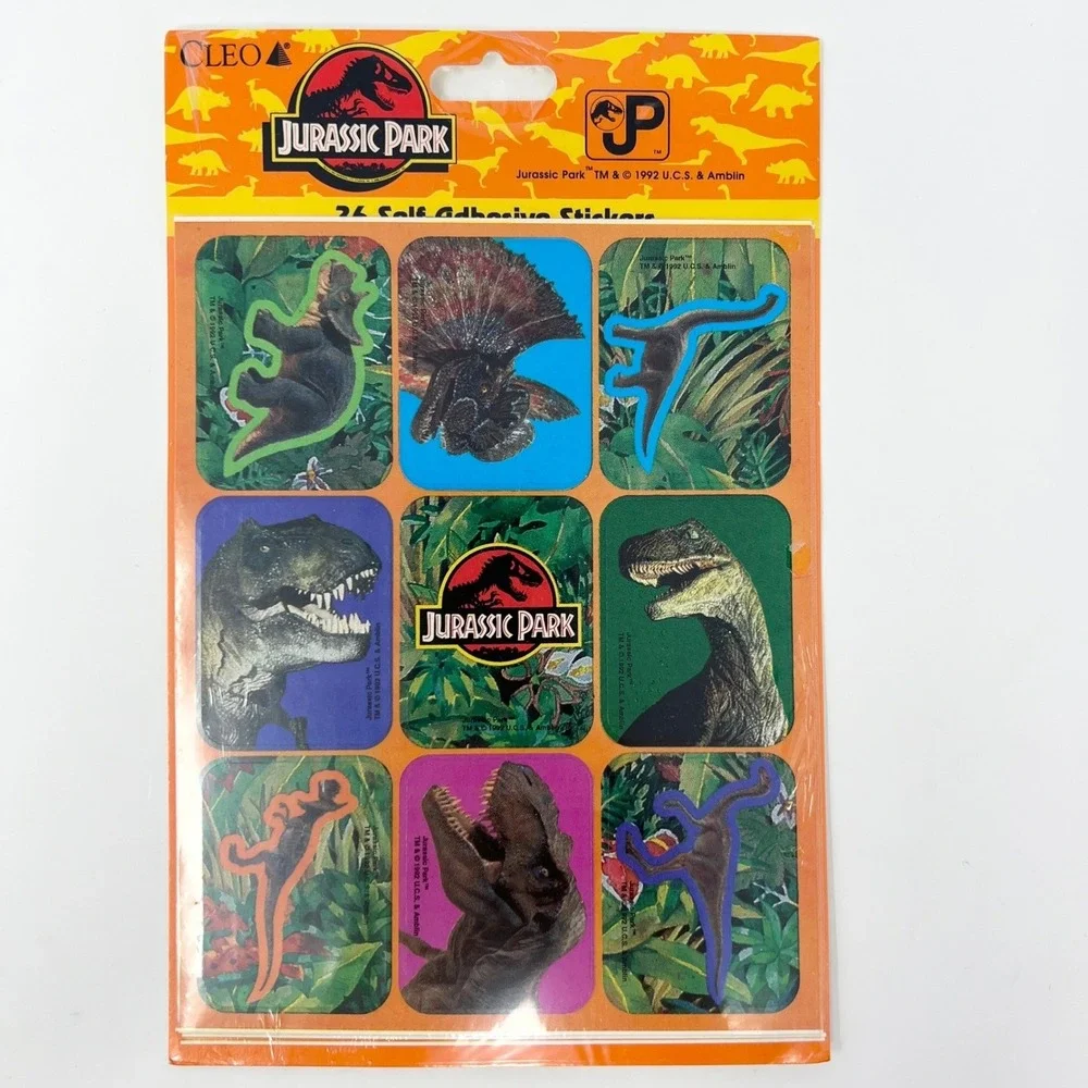 Vintage 1992‎ Jurassic Park 36 Self Adhesive Stickers Cleo Inc USA Sealed T-Rex